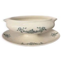 Saucière ancienne en faïence de Longchamp avec son dormant – décor ver