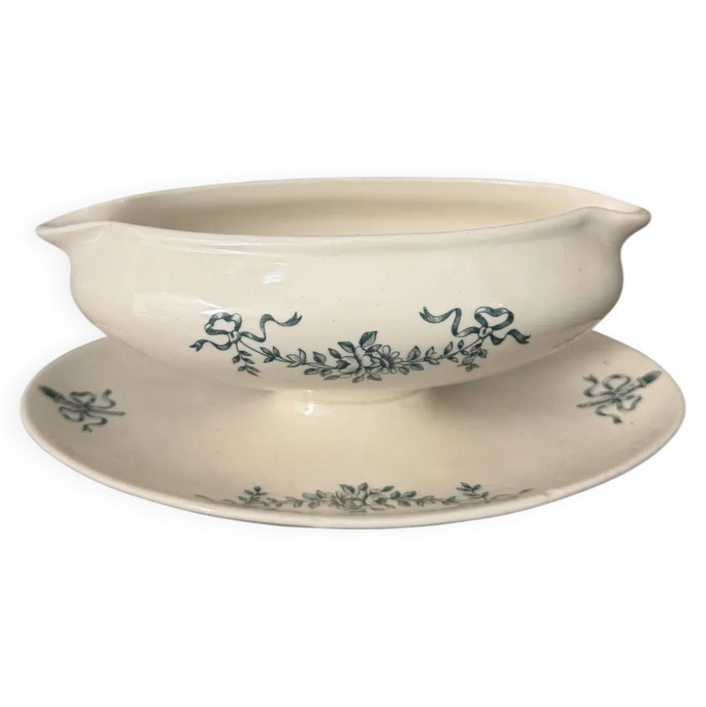Saucière ancienne en faïence de Longchamp avec son dormant – décor ver