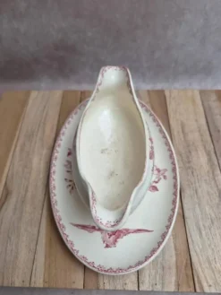 Saucière ancienne en terre de fer Sarreguemines & Digoin Favori rose oiseaux