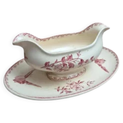 Saucière ancienne en terre de fer Sarreguemines & Digoin Favori rose oiseaux