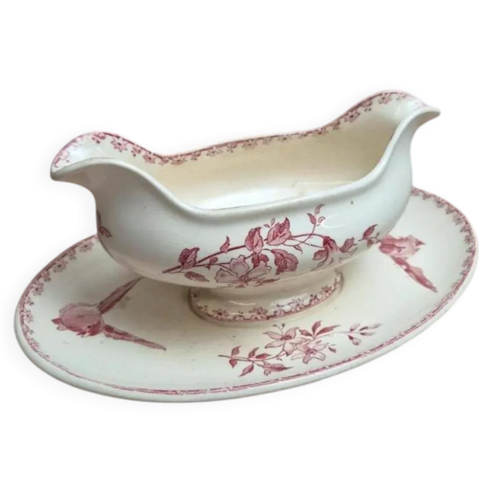 Saucière ancienne en terre de fer Sarreguemines & Digoin Favori rose oiseaux