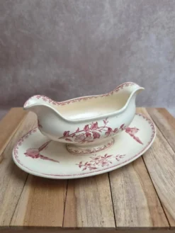 Saucière ancienne en terre de fer Sarreguemines & Digoin Favori rose oiseaux