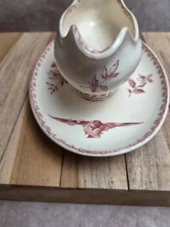 Saucière ancienne en terre de fer Sarreguemines & Digoin Favori rose oiseaux