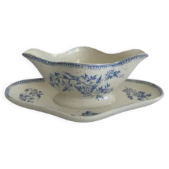 Saucière ancienne en terre de feu – Grigny – décor floral bleu