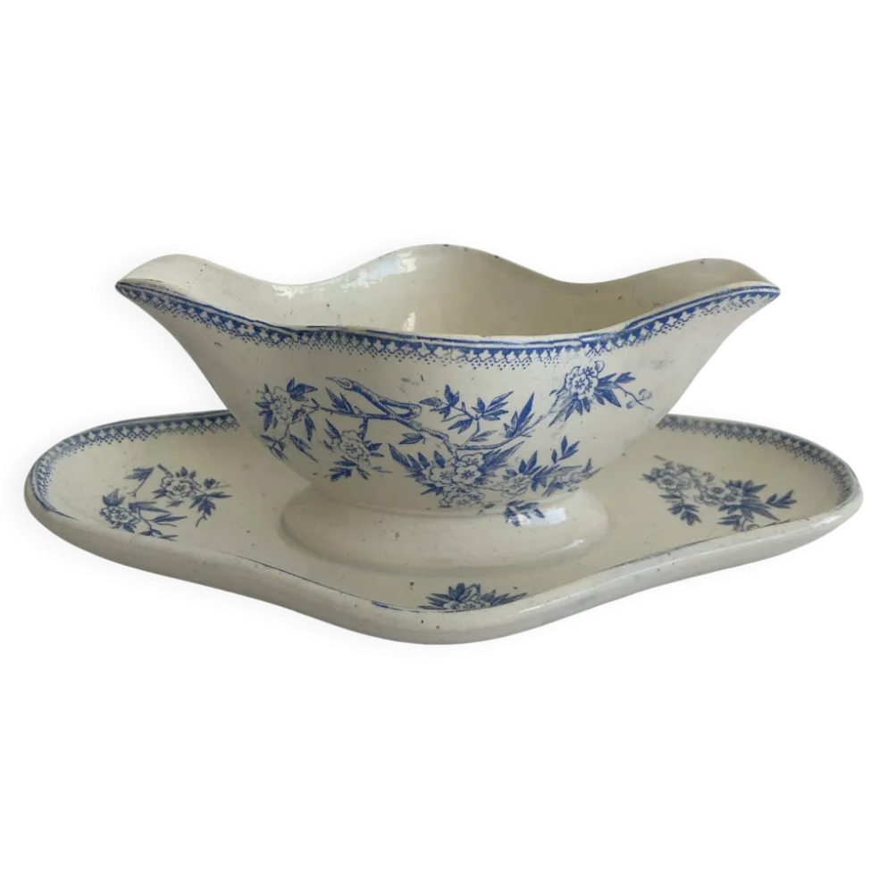 Saucière ancienne en terre de feu – Grigny – décor floral bleu