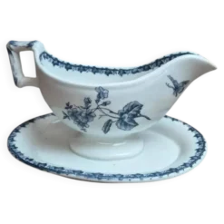Saucière ancienne Sarreguemines forme Bambou – décor bleu non répertorié – terre de fer