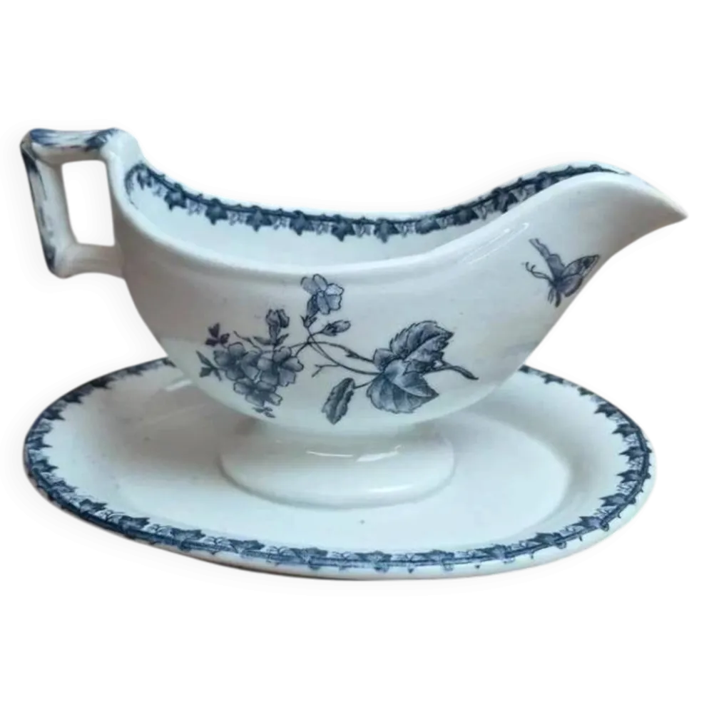 Saucière ancienne Sarreguemines forme Bambou – décor bleu non répertorié – terre de fer