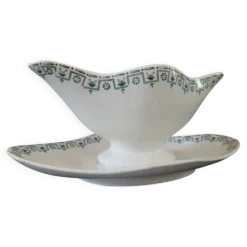 Saucière ancienne Terre de Fer – Porcelaine Opaque de Gien – décor vert géo