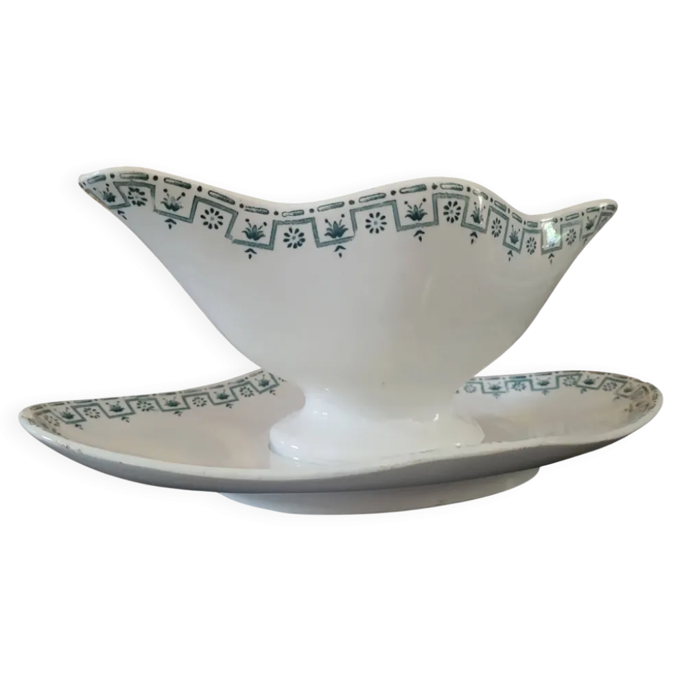 Saucière ancienne Terre de Fer – Porcelaine Opaque de Gien – décor vert géo