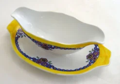 Saucière Art Déco, décor stylisé coloré, faïence Boch la Louvière