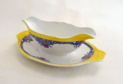 Saucière Art Déco, décor stylisé coloré, faïence Boch la Louvière