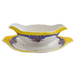 Saucière Art Déco, décor stylisé coloré, faïence Boch la Louvière