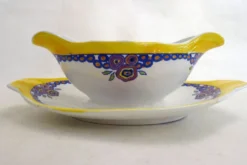 Saucière Art Déco, décor stylisé coloré, faïence Boch la Louvière