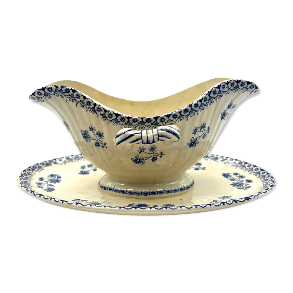 Saucière blanche et bleu en faience terre de fer Boch Frère model Astre