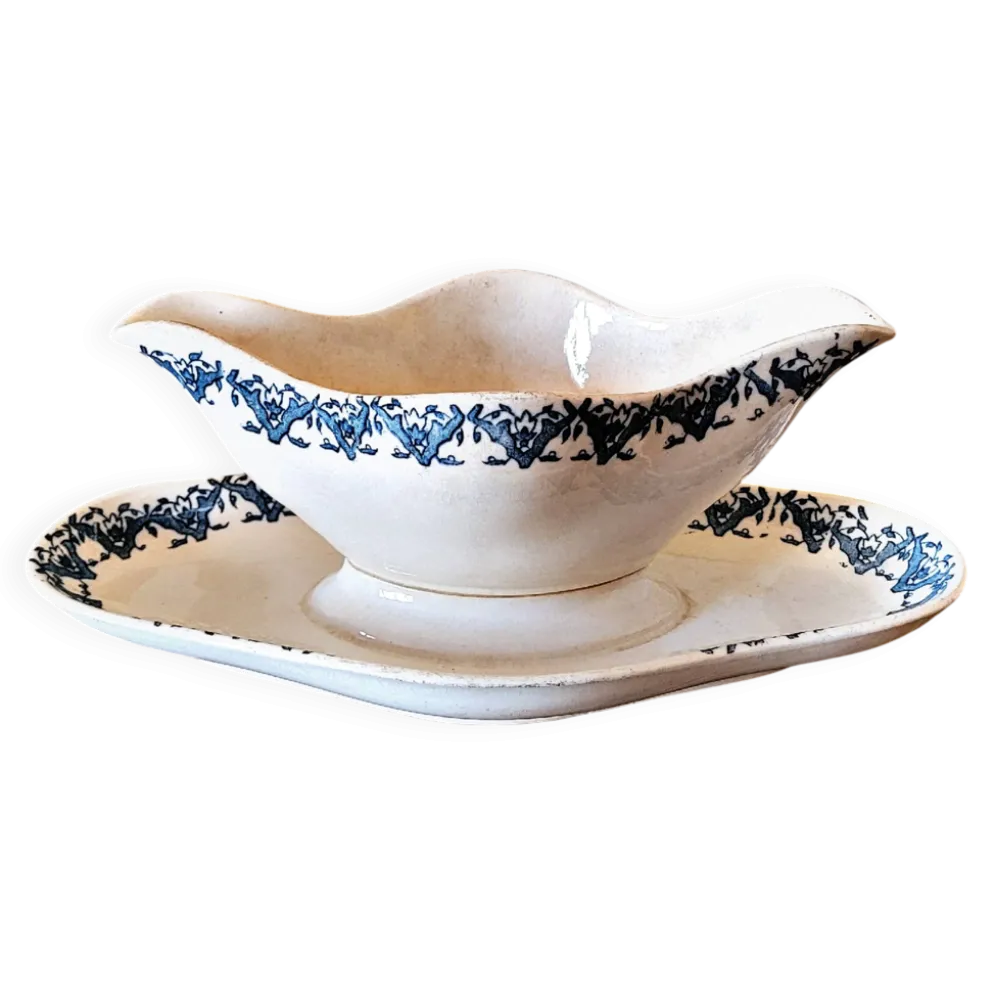 Saucière Longwy terre de fer Rhodes, fin 19 ème, décor bleu