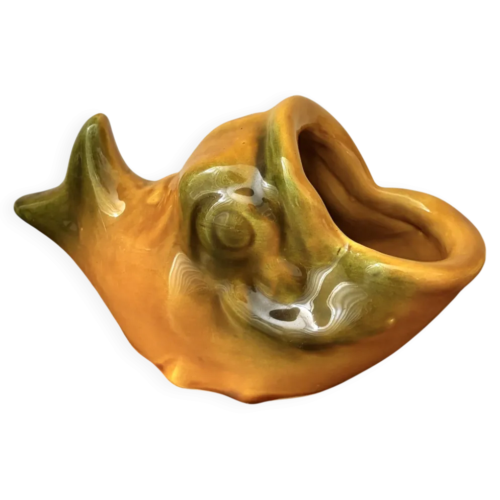 Saucière poisson Vallauris en faïence orange et vert vintage 60s/70s