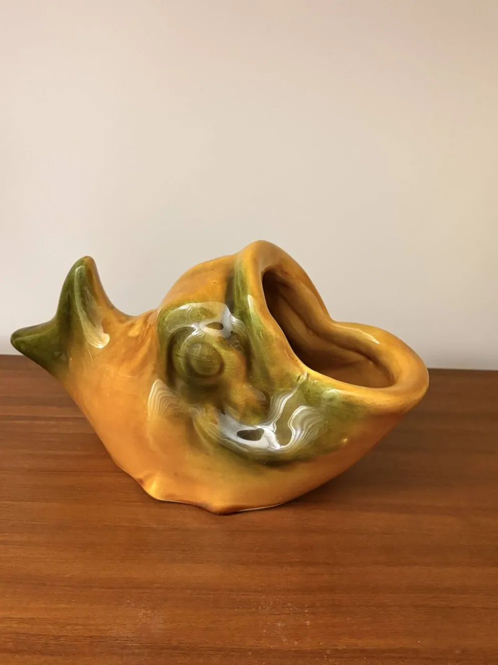 Saucière poisson Vallauris en faïence orange et vert vintage 60s/70s