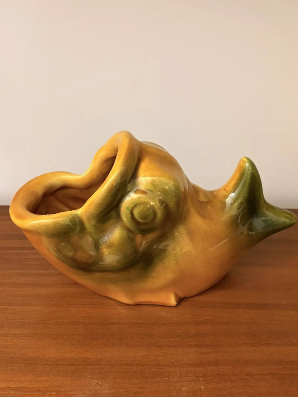 Saucière poisson Vallauris en faïence orange et vert vintage 60s/70s