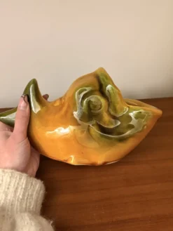 Saucière poisson Vallauris en faïence orange et vert vintage 60s/70s