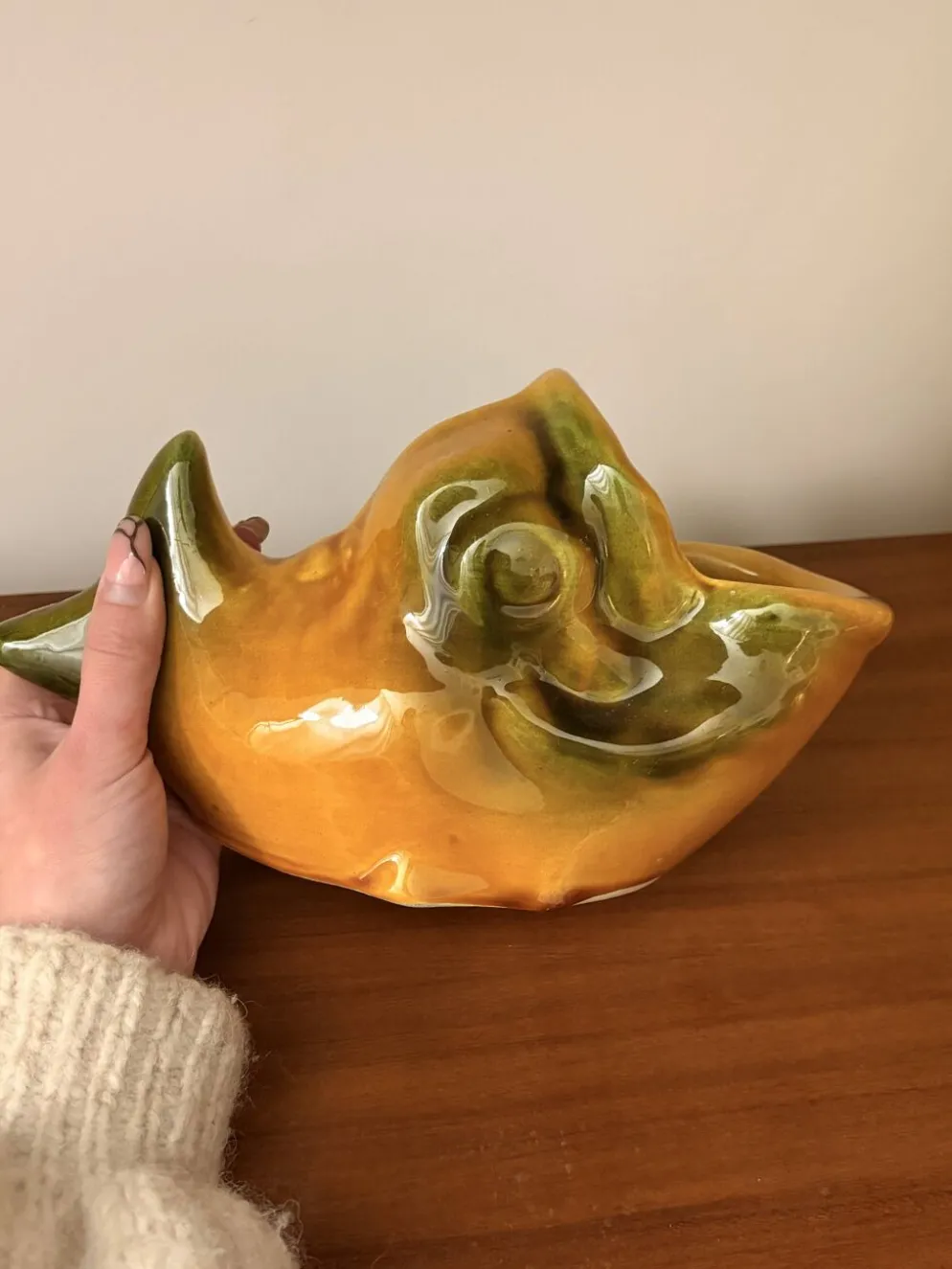 Saucière poisson Vallauris en faïence orange et vert vintage 60s/70s