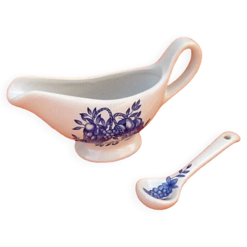 Saucière Porcelaine blanche, décor corbeille de fruits