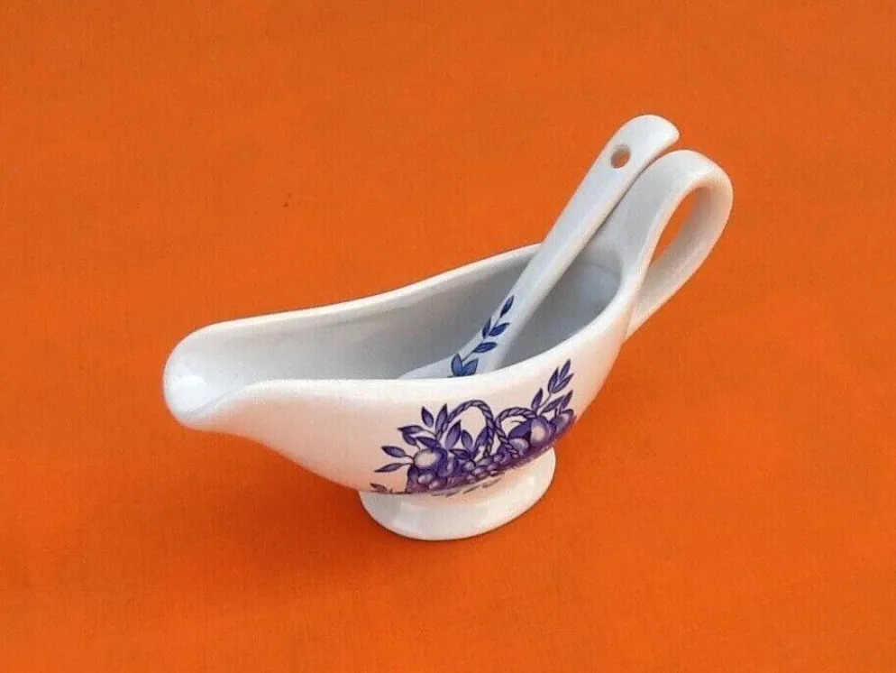 Saucière Porcelaine blanche, décor corbeille de fruits