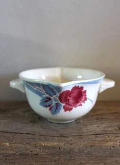 Saucière Rose rouge feuillage bleu Antinea Sarreguemines Art déco