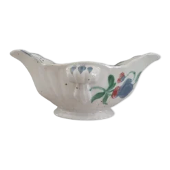 Saucière salins france en faïence mouchetée décor foral bleu clair