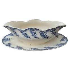 Saucière sur dormant fixe Sarreguemines terre de fer motif floral bleu