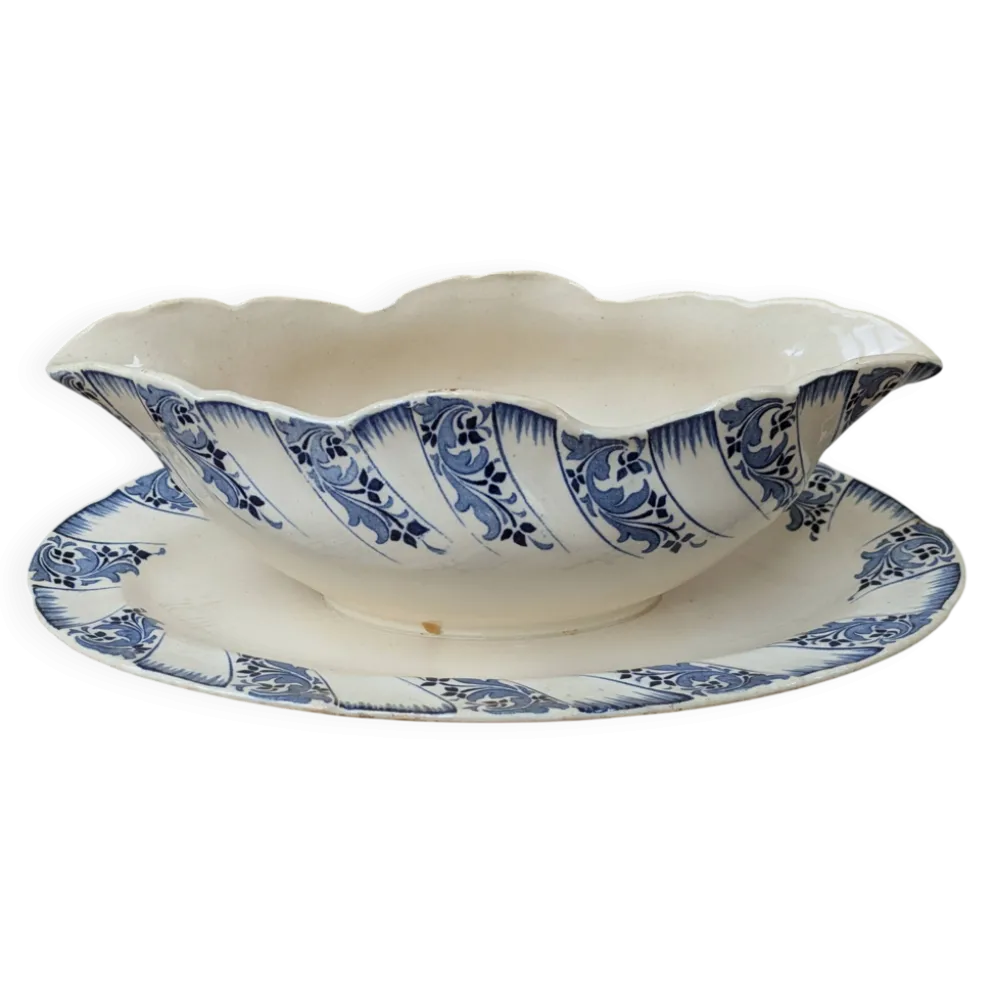 Saucière sur dormant fixe Sarreguemines terre de fer motif floral bleu