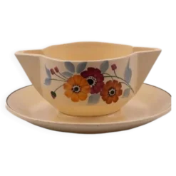 Saucière vintage en céramique Saint-Amand crème et à motifs fleuris