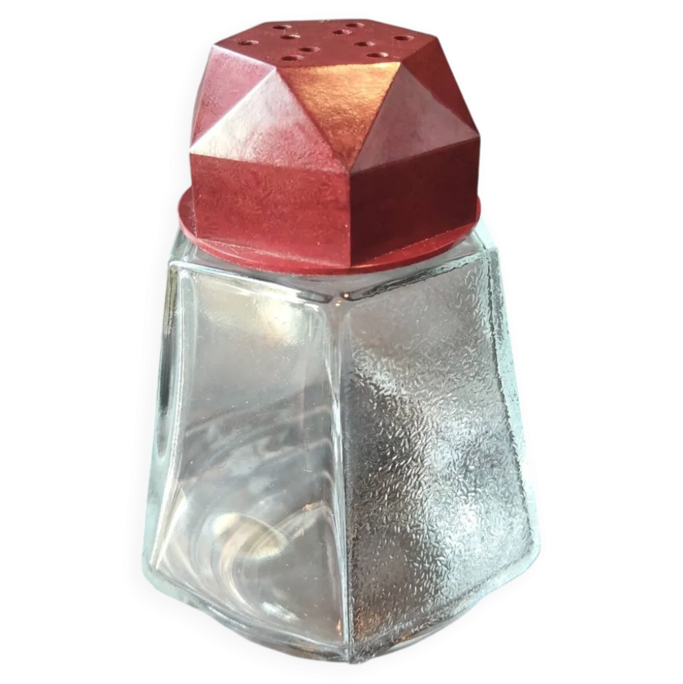 Saupoudreuse Art Déco en verre et bakélite bordeaux – années 40/50