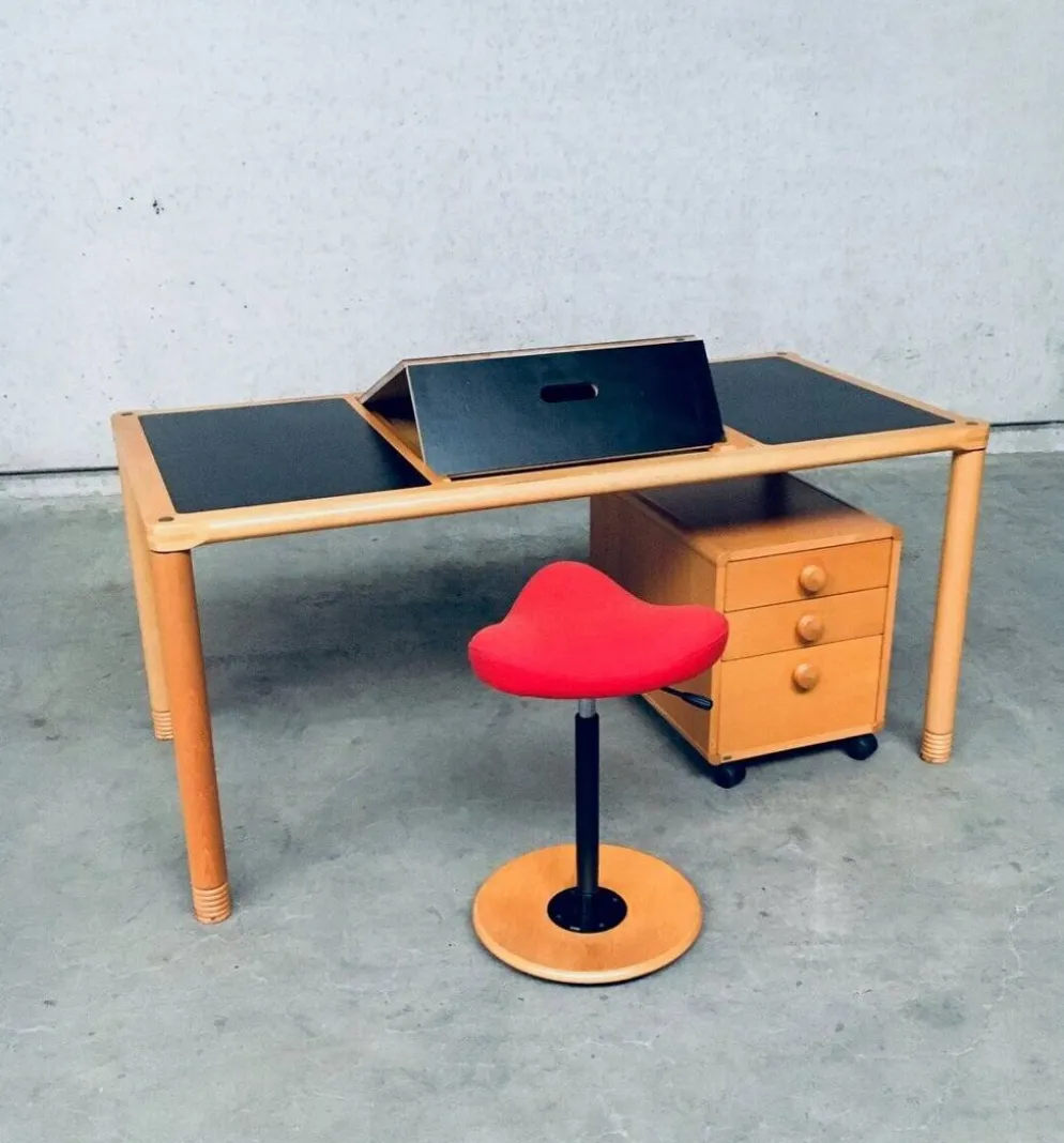 Scandinavian Ergonomic Design Writing Desk and Stool from Stokke, 1980s, Set of 3