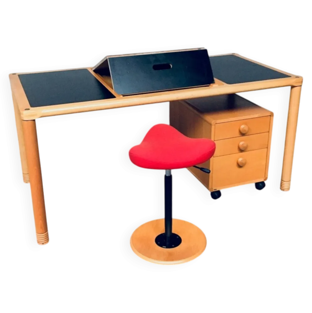 Scandinavian Ergonomic Design Writing Desk and Stool from Stokke, 1980s, Set of 3