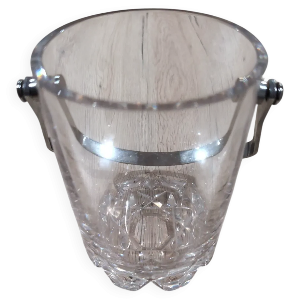 Seau a Glace Cristal Verre Taille Anse Inox avec Pince a Glacon Vintag