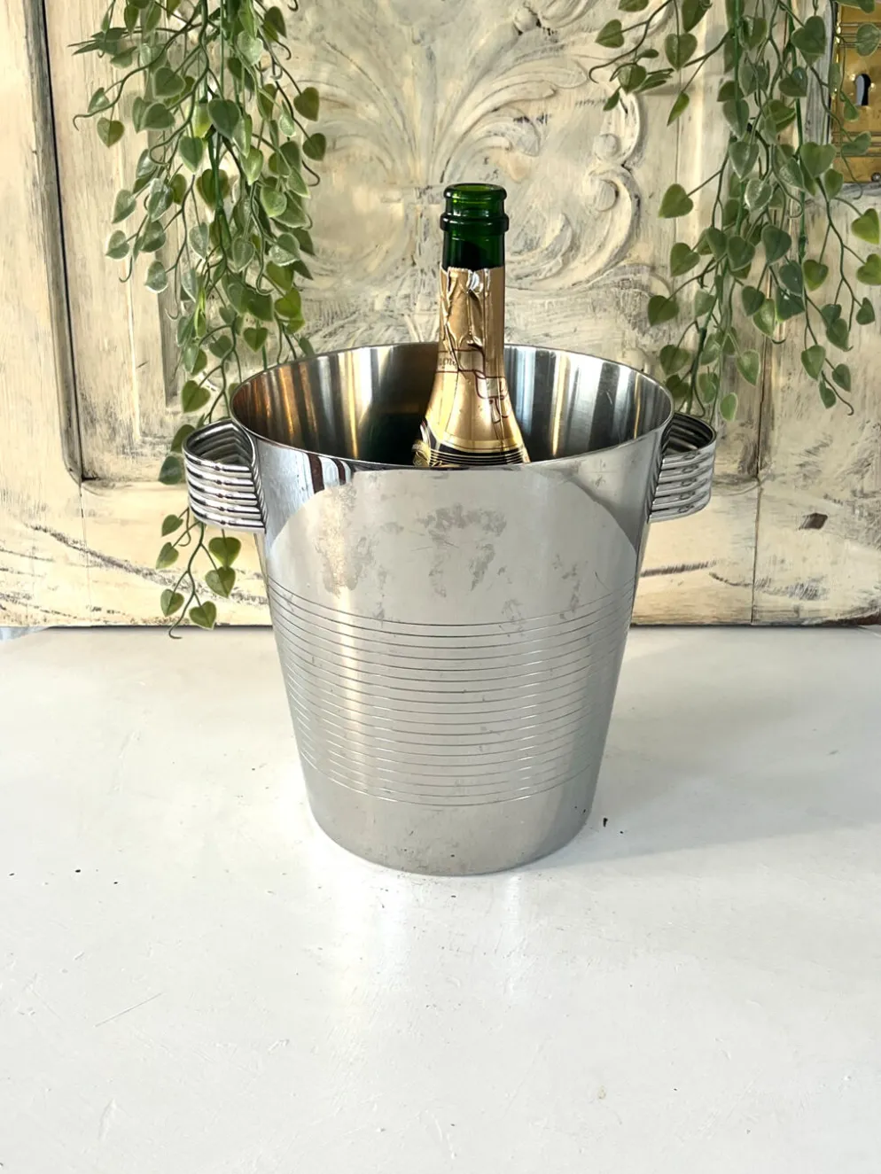 Seau à champagne Art Déco, vintage en acier inoxydable chromé français