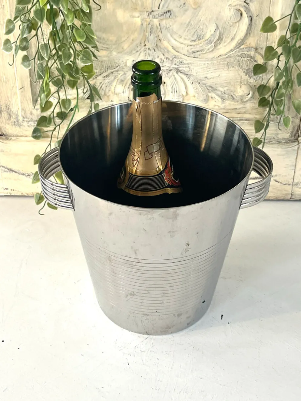 Seau à champagne Art Déco, vintage en acier inoxydable chromé français