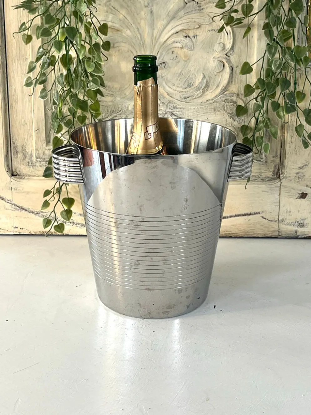 Seau à champagne Art Déco, vintage en acier inoxydable chromé français