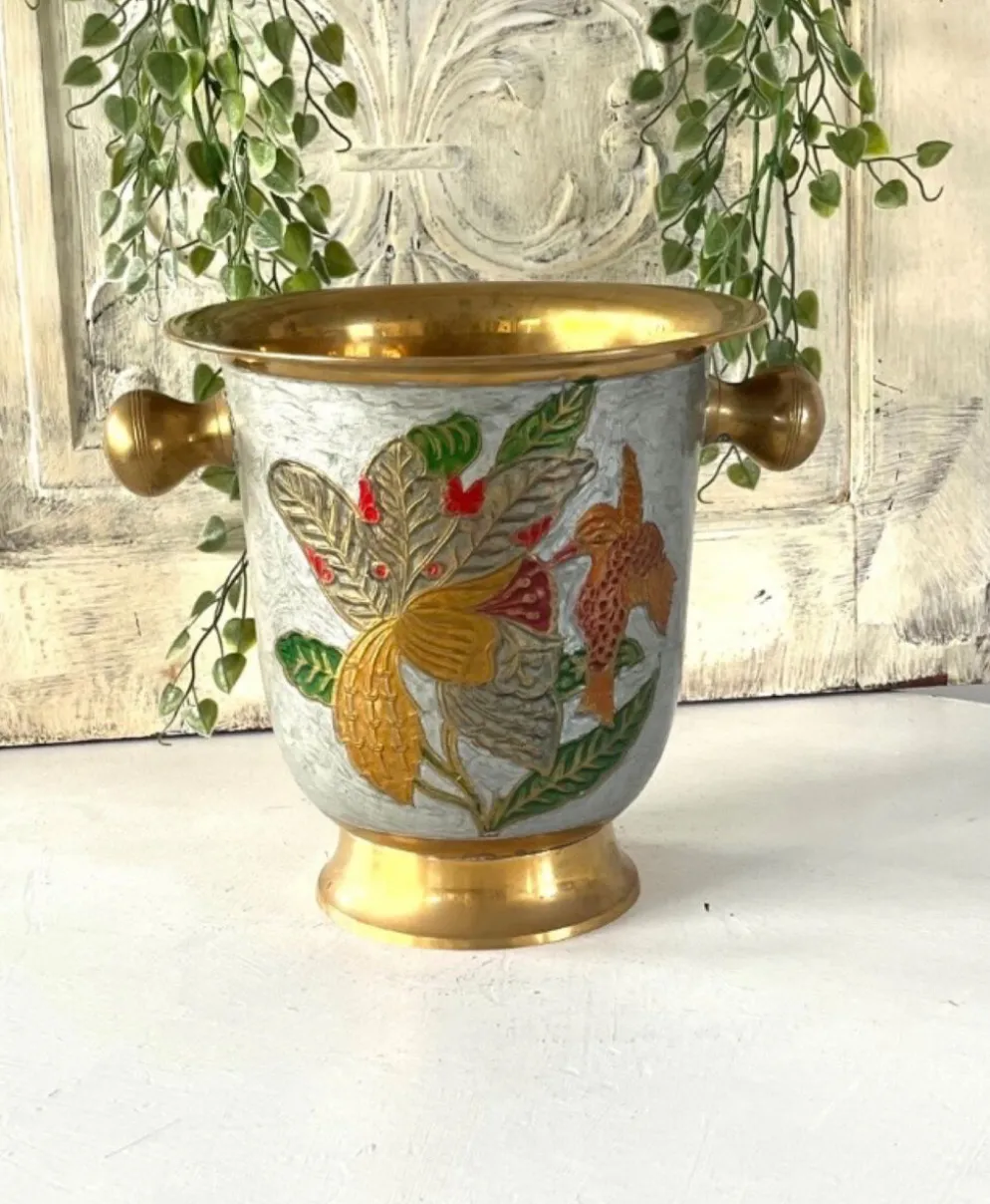 Seau à champagne en cloisonné français émaillé coloré sur laiton.
