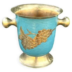 Seau à champagne en laiton cloisonné vintage avec un design de raisins turquoise.