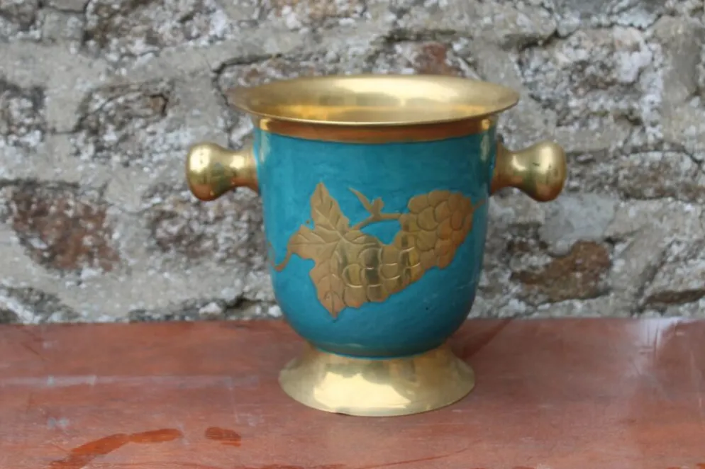 Seau à champagne vintage en laiton turquoise à décor de raisins