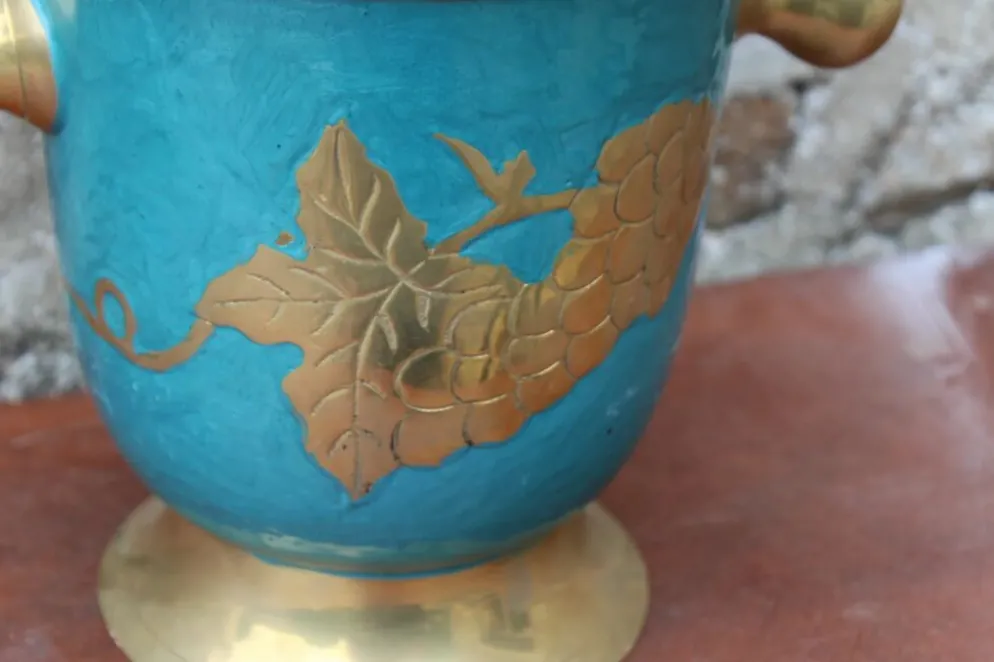 Seau à champagne vintage en laiton turquoise à décor de raisins