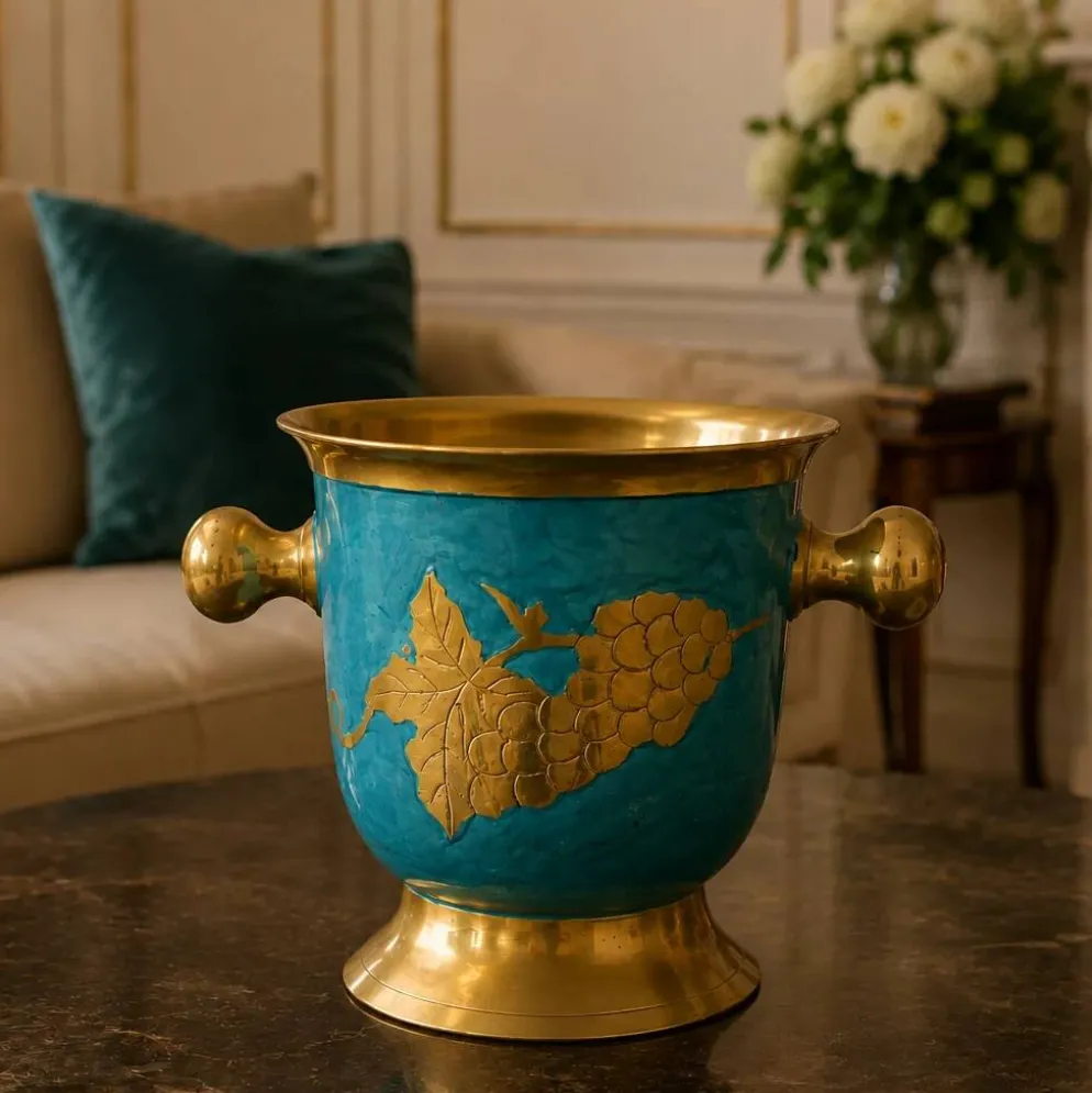 Seau à champagne vintage en laiton turquoise à décor de raisins