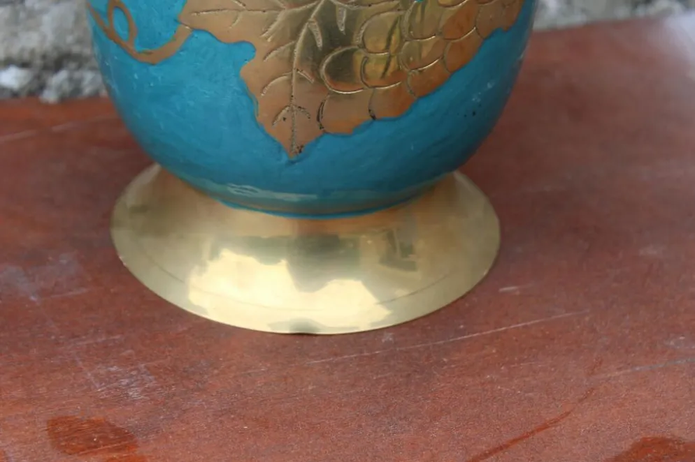 Seau à champagne vintage en laiton turquoise à décor de raisins