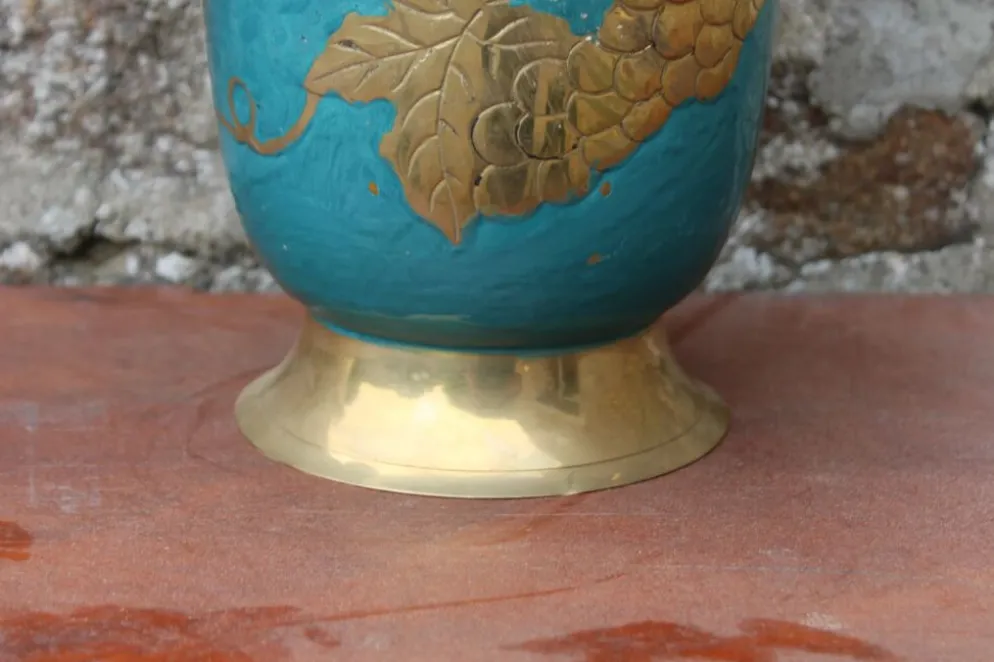 Seau à champagne vintage en laiton turquoise à décor de raisins