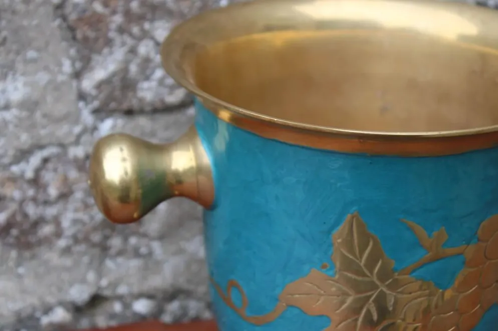Seau à champagne vintage en laiton turquoise à décor de raisins