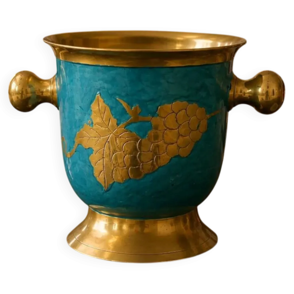 Seau à champagne vintage en laiton turquoise à décor de raisins