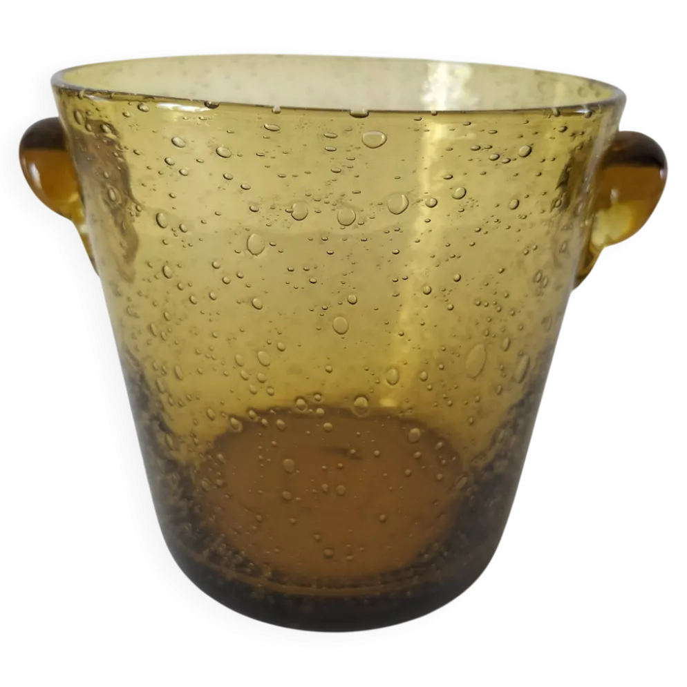 Seau à glace Biot vintage en verre soufflé bullé ambré, signé