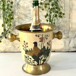 Seau à glace Cloisonné, vintage français en émail pêche avec motif floral de faisan.