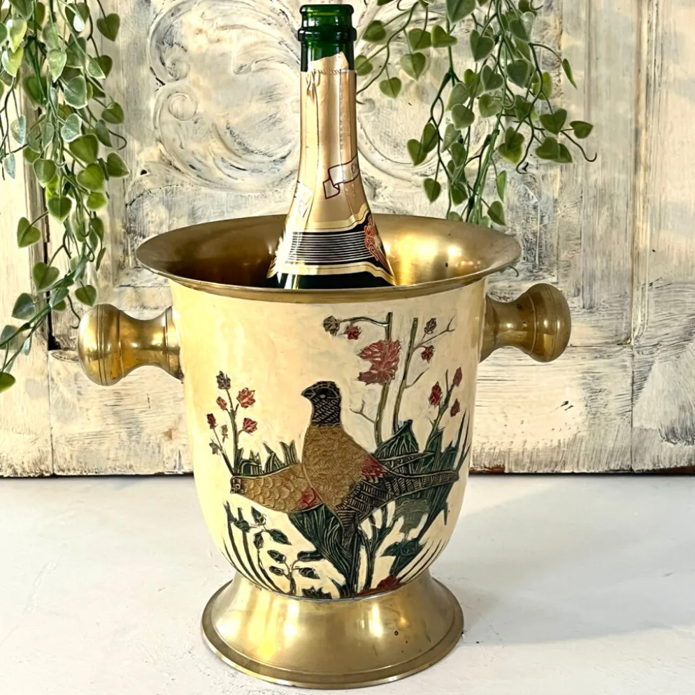 Seau à glace Cloisonné, vintage français en émail pêche avec motif floral de faisan.